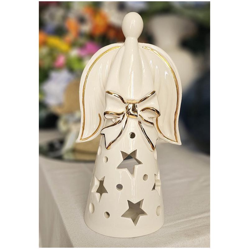 Ad Rem Collection Statuina Angelo portacandela in porcellana bianco/oro H28xD16 cm